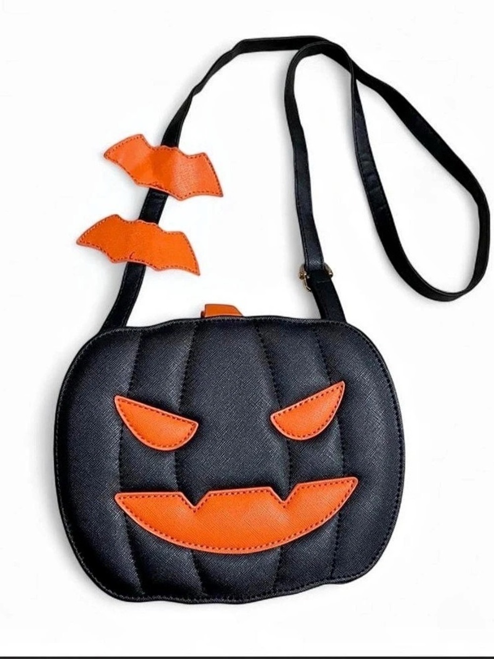 Black Jack-O'-Lantern Crossbody Bag with Orange Bat Strap | Spooky Halloween bag